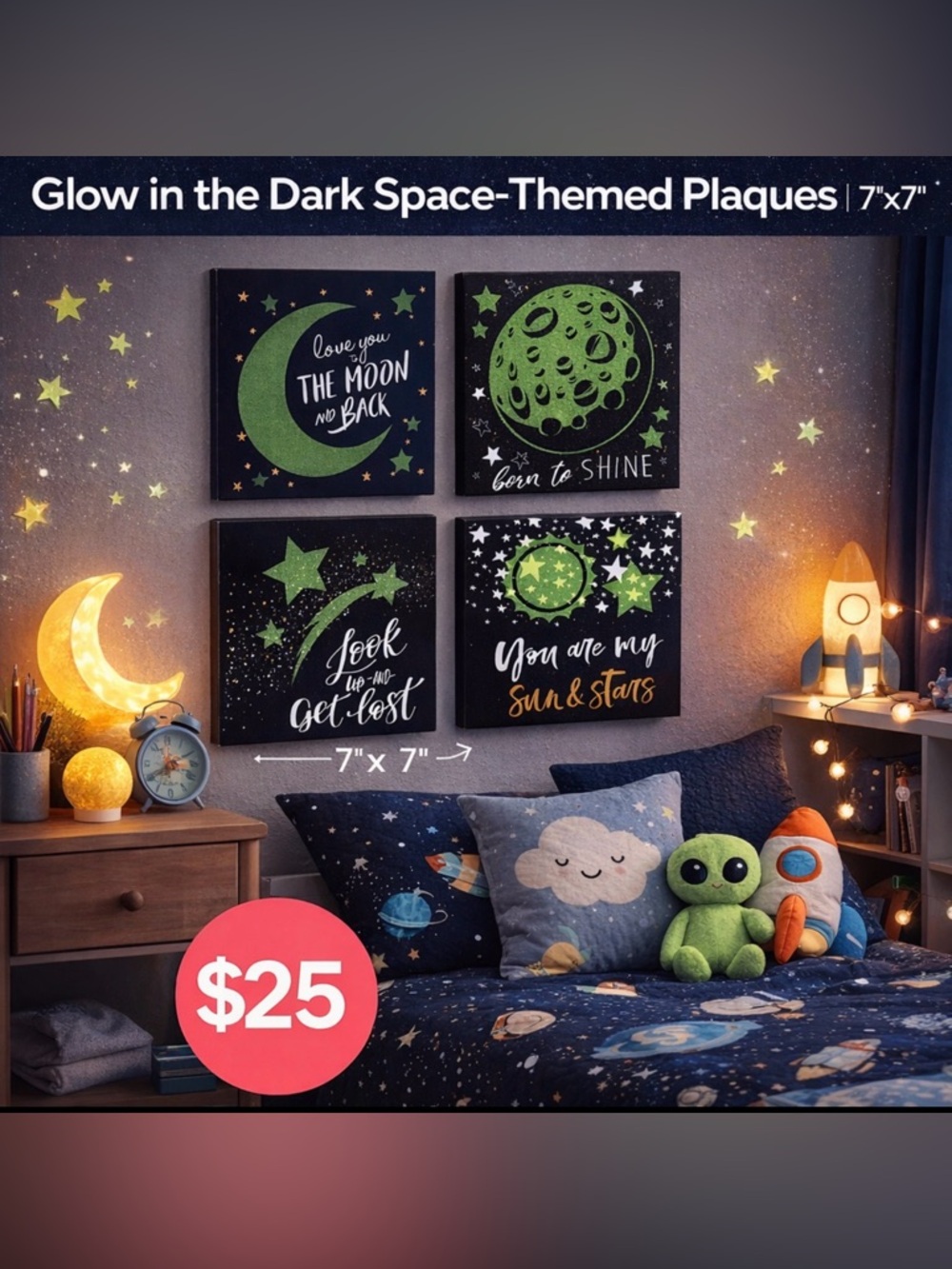 Glow in the Dark Space Wall Art Set of 4 Moon Stars Kids Decor